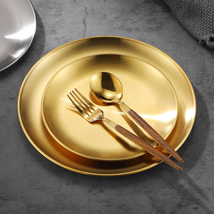 Golden Round Plate 304 Stainless Steel Restaurant <b>Tray</b> Steak Dessert Fruit Serving <b>Tray</b> Solid Color Shallow Dish - Product Image 1