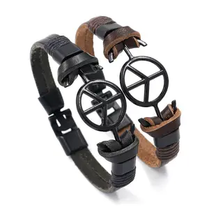 Electrophoretic Black Peace Sign Leather Bracelet Hand-woven Bangle Bracelets for Men