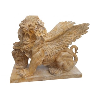Decoración al aire libre tamaño real tallado a mano mármol Griffins León estatua piedra Natural alas Griffins Beige travertino estatua - Product Image 6