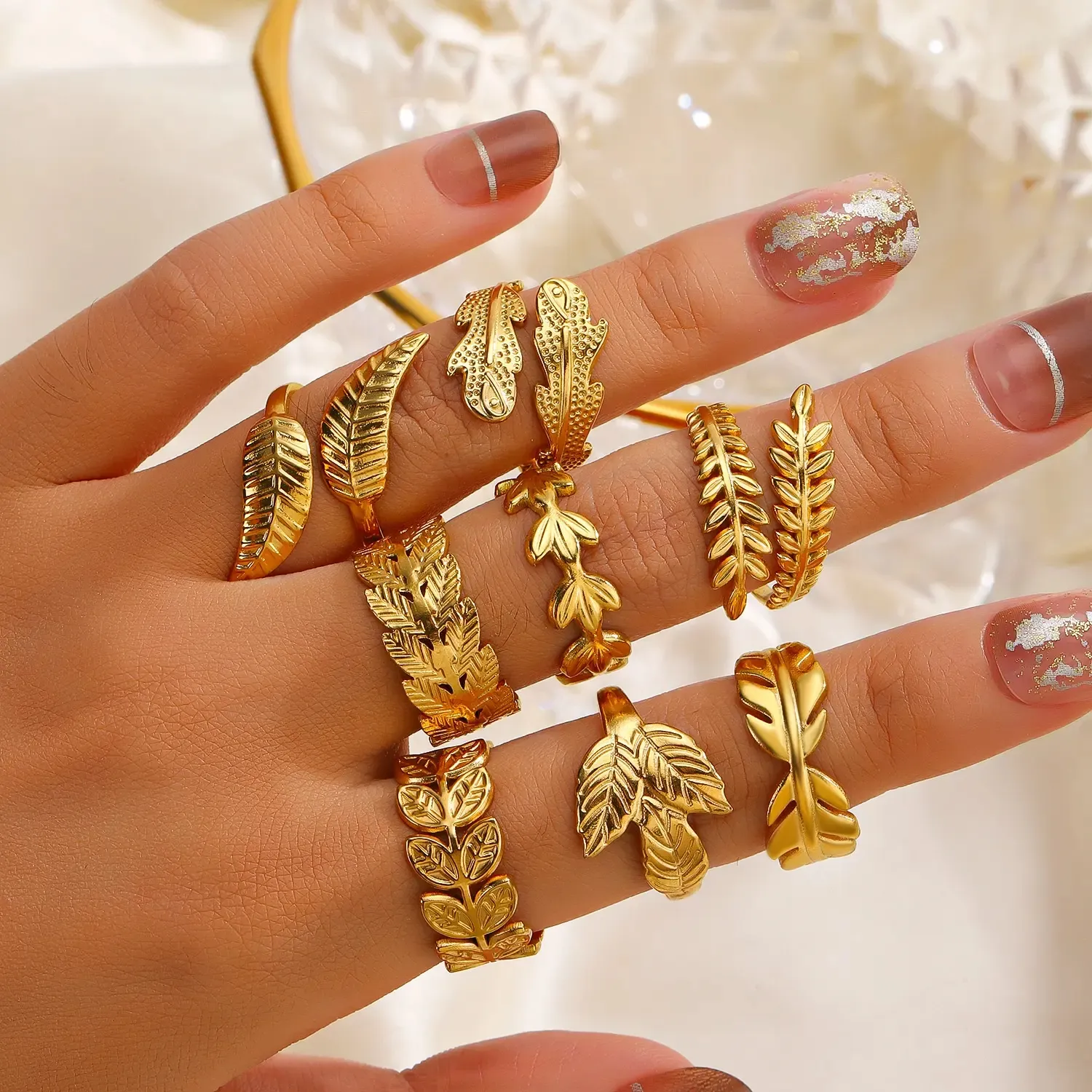 Anelli di moda donna personalizzati gioiello 18K oro placcato in acciaio inossidabile anello personalizzato apertura regolabile foglia anelli da dito donna