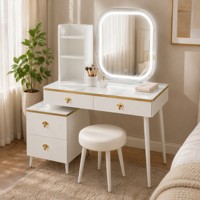 Table de toilette avec miroir LED, pieds en métal blanc, table de maquillage avec tiroirs et étagères de rangement, meubles de chambre à coucher modernes