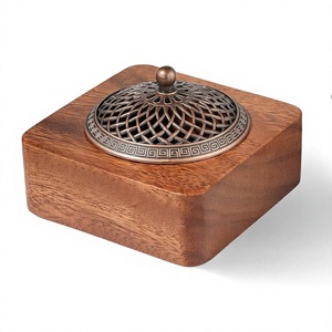 Porte-encens en bois d'acacia de style chinois avec couvercle en laiton antique, facile à transporter, idées cadeaux, décoration de table, diffuseur de Bakhoor - Product Image 1