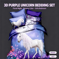 Ensemble de housse de couette et de draps en microfibre imprimé numérique personnalisé avec motif de château féérique et d'unicornes
