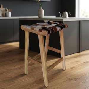 Solid Teak Wood Minimalist Bar <b>Stools</b> Chair Woven Cowhide Genuine Leather Kitchen Modern Home Bar Furniture Inspired Indonesia - Product Image 2