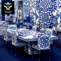 Table à manger moderne de luxe 8 places en porcelaine blanche à motif bleu en bois massif Nouvelle caractéristique nationale chinoise Meubles de maison Villa