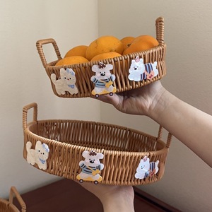 Panier de rangement ovale en imitation rotin de bambou avec poignées pour fruits, collations, plateau de service alimentaire - Product Image 1