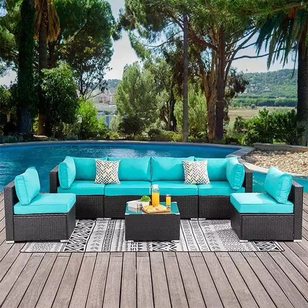 Conjunto de sofá de canto rattan com 7 peças, decoração para pátio, decoração de jardim e jardim