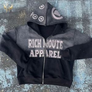 Sudadera con capucha extragrande personalizable OEM para invierno, con logotipo bordado de pedrería, forro polar de algodón 500GSM, cierre de cremallera, corte con borde, lavado ácido, 100% algodón - Product Image 3