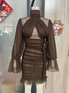 Abito da Festa <span class=keywords><strong>Mini</strong></span> Elegante da Donna Autunno 2026, Maniche Lunghe, Tinta Unita, <span class=keywords><strong>Trasparente</strong></span> in Rete, Sexy - Product Image 3