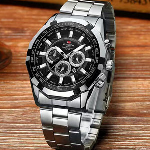 Montre chronographe sport pour homme, acier inoxydable noir, étanche 30M - Product Image 1