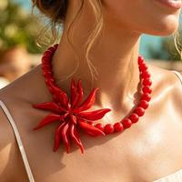 Colliers tendance à grandes fleurs faites à la main, chaîne de perles contrastées, perles rondes, grandes fleurs vintage, style côtier, corail rouge vif