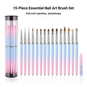15Pcs Blue <b>Pink</b> Gradient Handle Nail Art Brush Set Soft Nylon Oval Liner Tips for UV Gel Manicure - Product Image 1