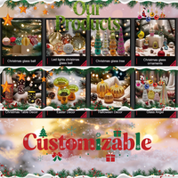 Set Bola Kaca Natal Festival Aneka Ragam Buatan Tangan, Tiup, 3 Warna, Pola Kotak-Kotak Merah-Hijau Tradisional, Glitter Emas