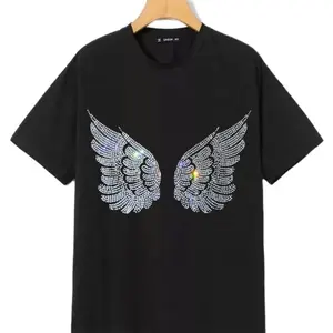 2024 hot sale bling silver angel wings 3d heat transfer logos diamonds hot fix rhinestone