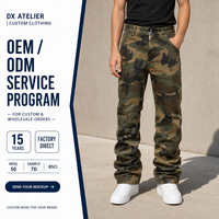 Celana Kerja Lebar Motif Woodland Camo 320gsm Permukaan Sarang Lebah Kaki Lurus Bertumpuk Label Pribadi Streetwear OEM ODM