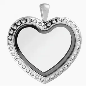 Floating Pendant 316L Stainless Steel Metal Memory Locket Crystal Heart Shape Floating Locket Pendant