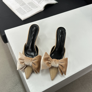 Hot Sale 2024 Spring New Pointed Bow Thin <b>Heel</b> slippers Ready Stock - Product Image 4