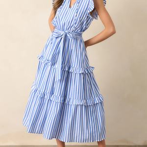 Vestido Casual a Rayas Personalizado ODM/OEM para Mujer, Cuello en V, Vestido Largo de Verano para Fiesta, Manga Corta con Cinturón - Product Image 3