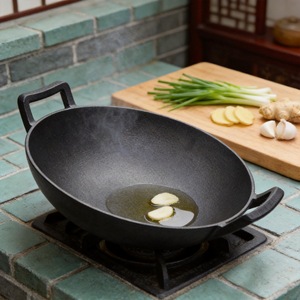 Wok de hierro fundido con base plana, engrosado y sin recubrimiento para cocinar en estufa - Product Image 1