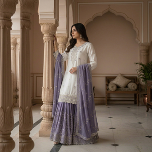 Kurta en coton blanc brodé avec dupatta et jupe violets, tenue ethnique traditionnelle indienne et pakistanaise pour femmes, longueur au sol - Product Image 1