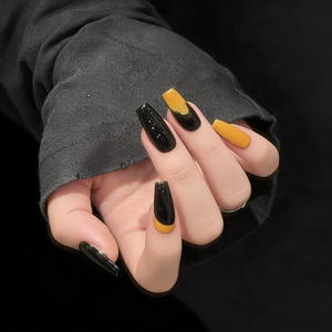 <span class=keywords><strong>Uñas</strong></span> Postizas de Alta Calidad, 10 Piezas, Forma Ataúd, Color Negro Brillante <span class=keywords><strong>con</strong></span> Detalles Amarillos, Reutilizables, Acrílicas, Adhesivas - Product Image 4