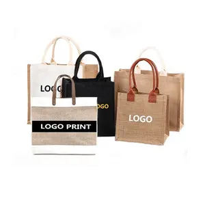 Logo personalizzato eco friendly zipper ladies women shopping juta canvas hessian juta tote bag con tasca in tela con manico in pelle