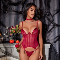 Ensemble de lingerie sexy pour femmes, body corset trois points rétro de luxe en satin rouge vin avec armatures et jarretelles