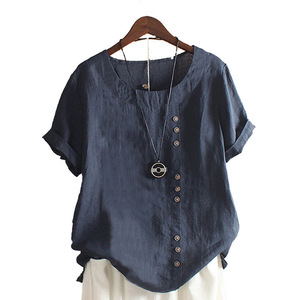 Atasan Linen Wanita Ukuran Besar 5XL Lengan Pendek Model Longgar, Kemeja Terlaris 2024, Blus Santai Kancing Retro Warna Solid untuk Wanita - Product Image 4