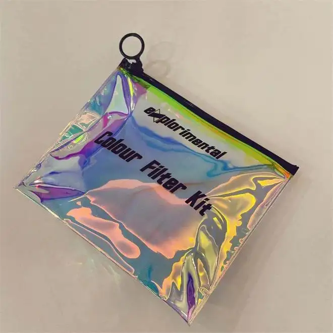 Custom Logo Plastic Packaging bag Clear PVC Holographic Cosmetic Zip Makeup Pouch with logo