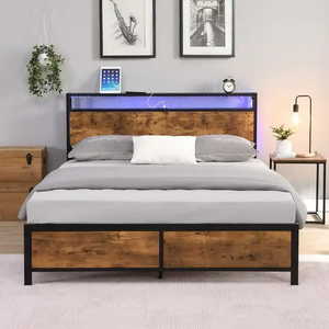 Headboard <strong>Double</strong> Platform <strong>Metal</strong> Wood <strong>Bed</strong> With Light - Product Image 3
