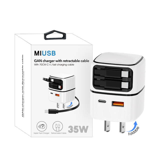 CE FCC Certified 35W Type C USB-C PD Gan Quick Wall Charger Multi-Port Super Fast Charging Adapter with Retractable Type C Cable
