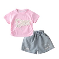 Ensemble 2 pièces pour filles, haut à manches courtes avec décoration florale en perles 3D et short en jean, tenues décontractées d'été pour enfants