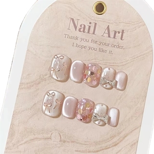 <span class=keywords><strong>Faux</strong></span> ongles Kawaii faits main effet œil de chat avec motifs de fleurs séchées et nœuds, 10 pièces, doux, élégants, illuminants, réutilisables - Product Image 1