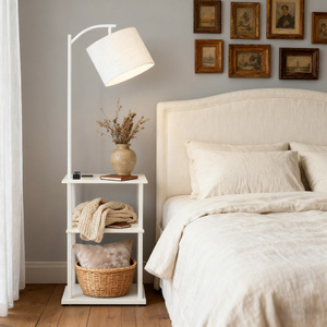White Floor <b>Lamp</b> With 3-Tier <b>Shelf</b> Adjustable Height LED Light Scandinavian Style Bedroom Living Room Decor - Product Image 3