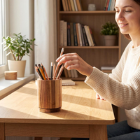 360 °   Porte-stylos et porte-crayons rotatifs en bois d'acacia, organiseur de papeterie pour bureau, accessoire de table de bureau
