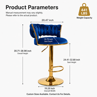 Tabouret de bar DM Factory Direct en velours bleu avec barre dorée, hauteur réglable, pivotant, siège rembourré pour projets hôteliers en gros