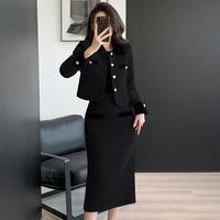 Polyester décontracté automne solide bouton poches col rabattu kaki femmes deux pièces Tweed Midi jupe costume vestes Blazer ensemble