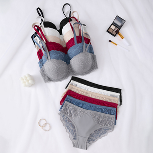 Ensemble soutien-gorge et culotte New Life Theme, dentelle florale, soutien-gorge à armatures push-up mi-hauteur et culotte pour femmes - Product Image 1