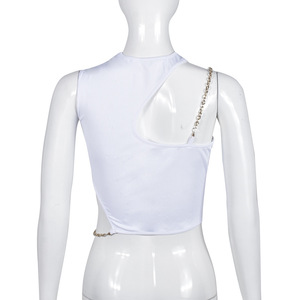 Nouveau T-shirt court sexy d'été pour femme, couleur unie, avec chaîne métallique et découpes, tendance - Product Image 6