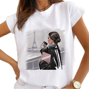 T-shirt imprimé respirant et écologique pour femme, manches courtes, col rond, décontracté, pour le travail - Product Image 1