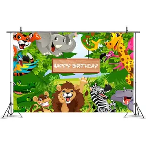 7x5ft Dessin Animé Parc Safari Animaux Toile Enfants Joyeux Anniversaire Décorations De Fête Faune Jungle Forêt Wildlife Éléphant Toile De Fond