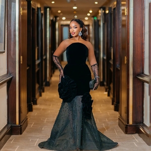Vestidos de Noche de Terciopelo Aso Ebi con Flores, Vestidos de Sirena con Cuentas sin Tirantes, Vestidos de Cumpleaños para Chicas Negras, Vestidos de Graduación Personalizados - Product Image 6