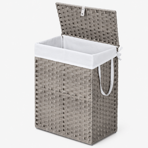 Cesto de Ropa Rectangular Grande de Bambú Ecológico Moderno al por Mayor con Marco de Aluminio y Bolsillos Laterales de Malla - Product Image 1