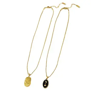 Customize 2024 New Fashion Gold Plated Stainless Steel Moon Star Necklace Oval Pendant Whit Twist Chain Necklace