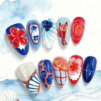Ongles à presser 3D style européen et américain, motif myrtille et chat, forme amande, dégradé, style vacances à l'île, patchs d'ongles