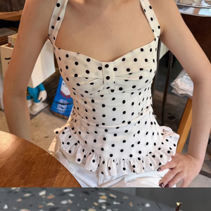 Y2K Women's Polka Dot Halter Neck Backless Crop Top, Ruched Ruffle Hem Slim Fit Sexy Blouse for Vacation - Product Image 4