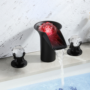 8-Inch Widespread Black <strong>Crystal</strong> <strong>Knobs</strong> Ball LED Bathroom Sink Faucet 3-Hole 3-Handle Basin Mixer Tap Waterfall Double-Handle - Product Image 5
