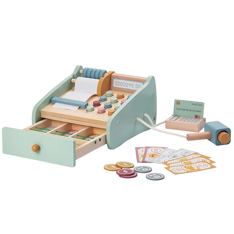 Early childhood education toys, kids early childhood education pretend to role play wooden cash register toys with scanner