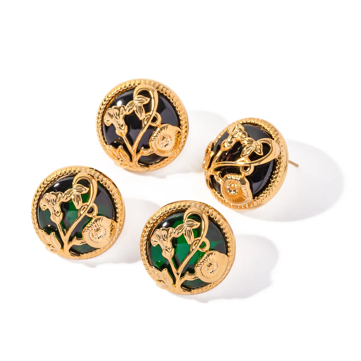 Retro Jewelry 18K Gold Plated Brass Black Green Resin Button Flower Stud Earring for Women