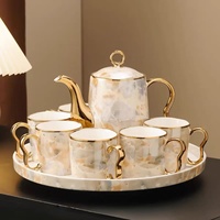 Service à thé en céramique haut de gamme de luxe avec bordure dorée - Coffret cadeau de déménagement portable comprenant des tasses à thé, une théière et une carafe à eau